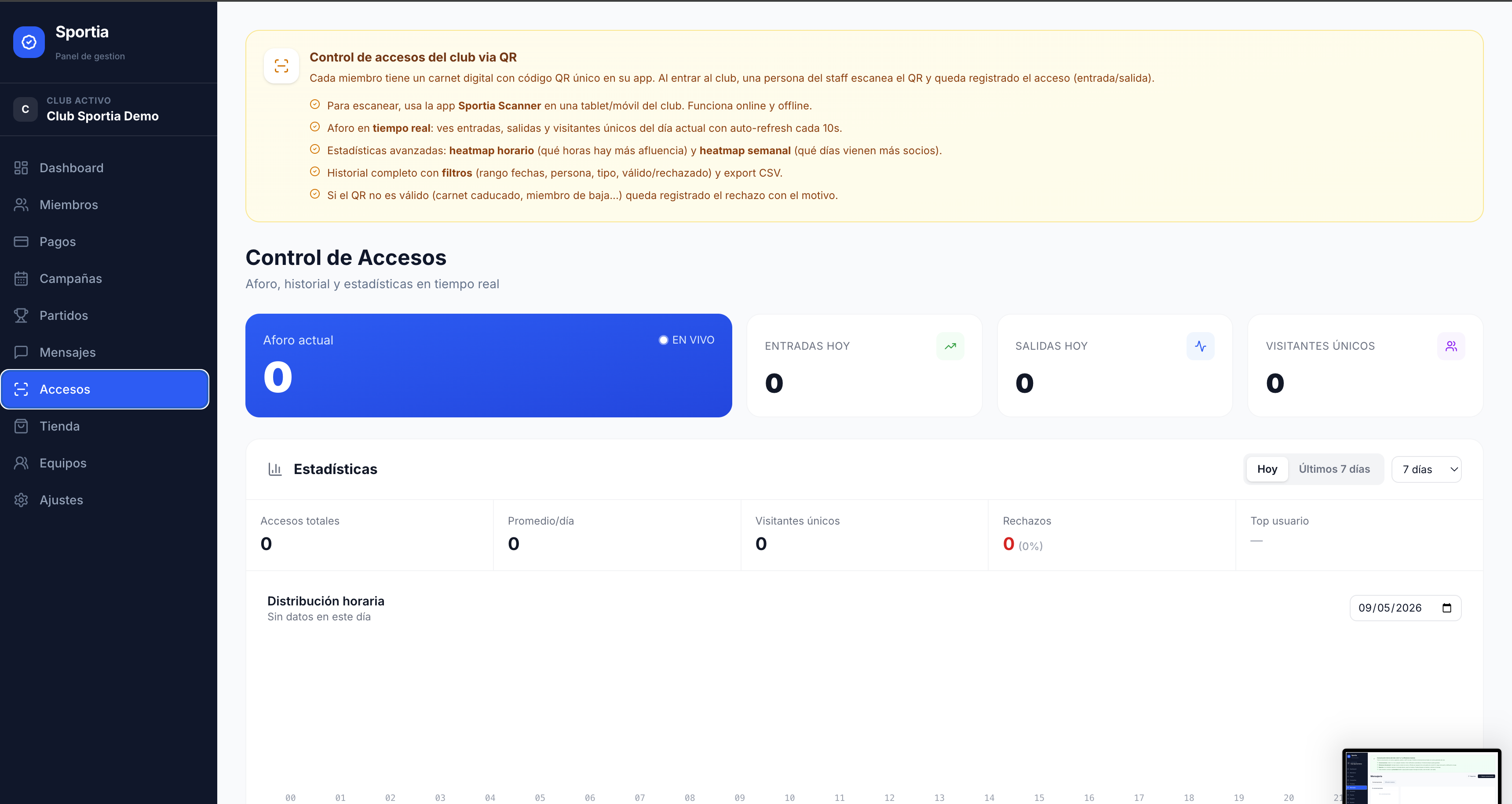 Vista Accesos del panel de Sportia