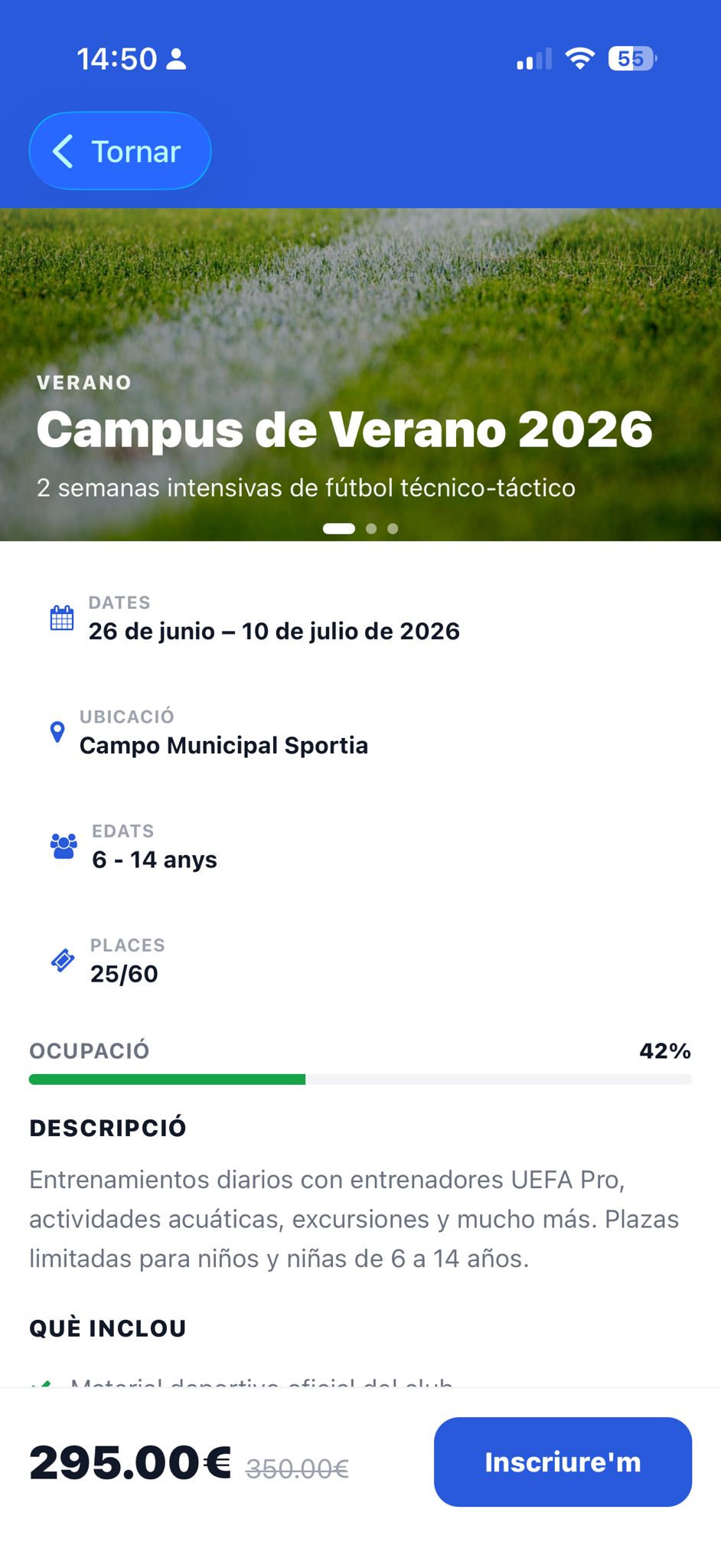 Pantalla Campus Verano de la app Sportia