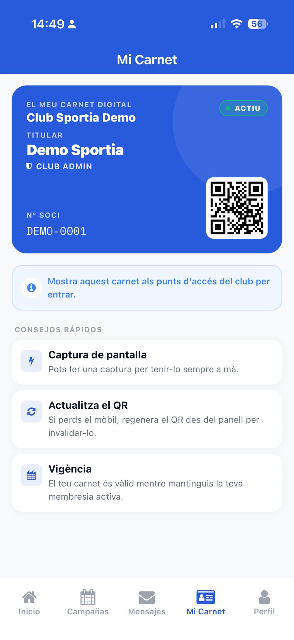 Carnet digital QR de la app móvil Sportia