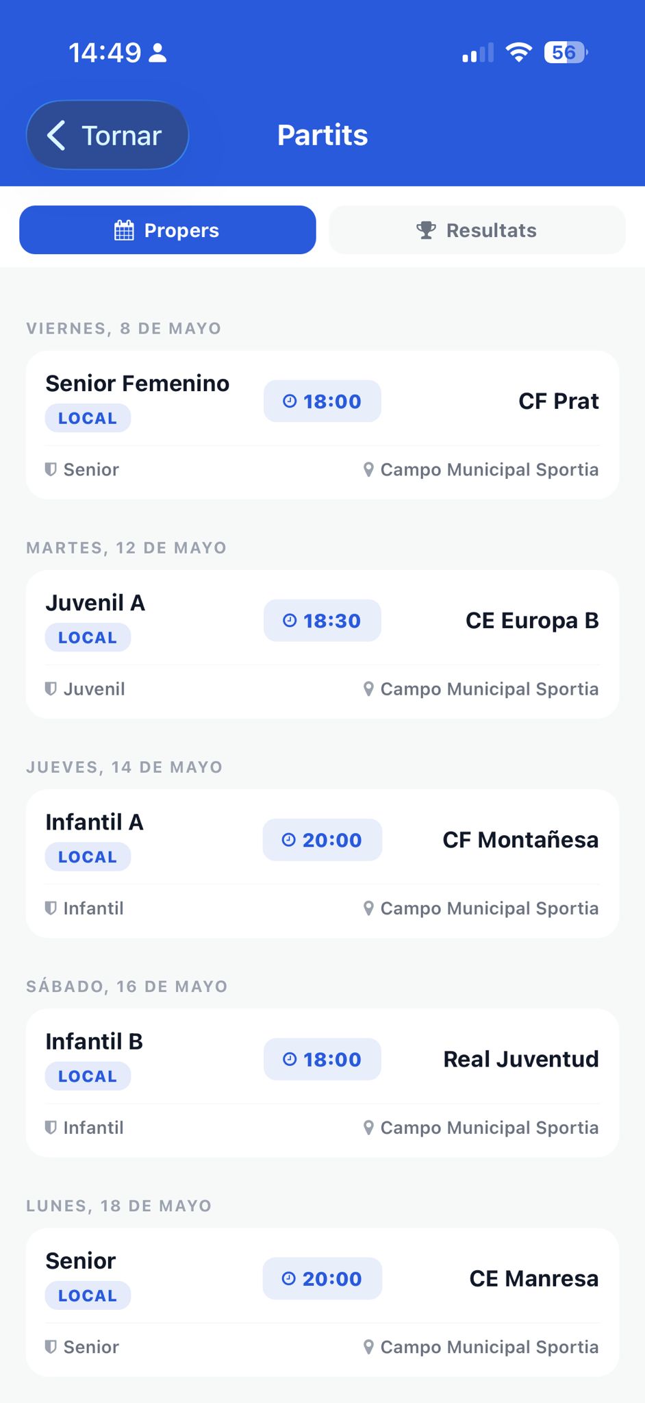 Pantalla Próximos partidos de la app Sportia