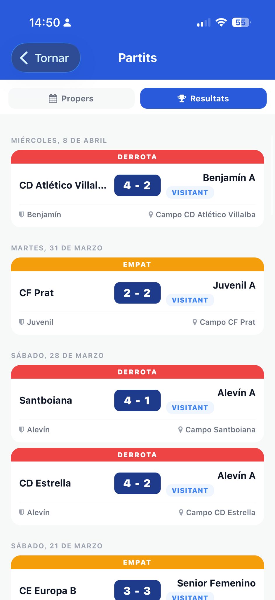 Pantalla Resultados de la app Sportia