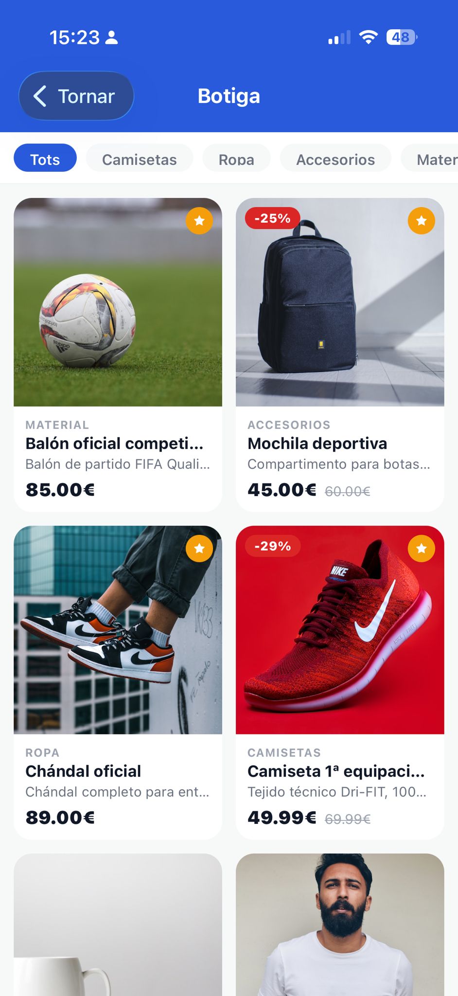 Pantalla Tienda del club de la app Sportia