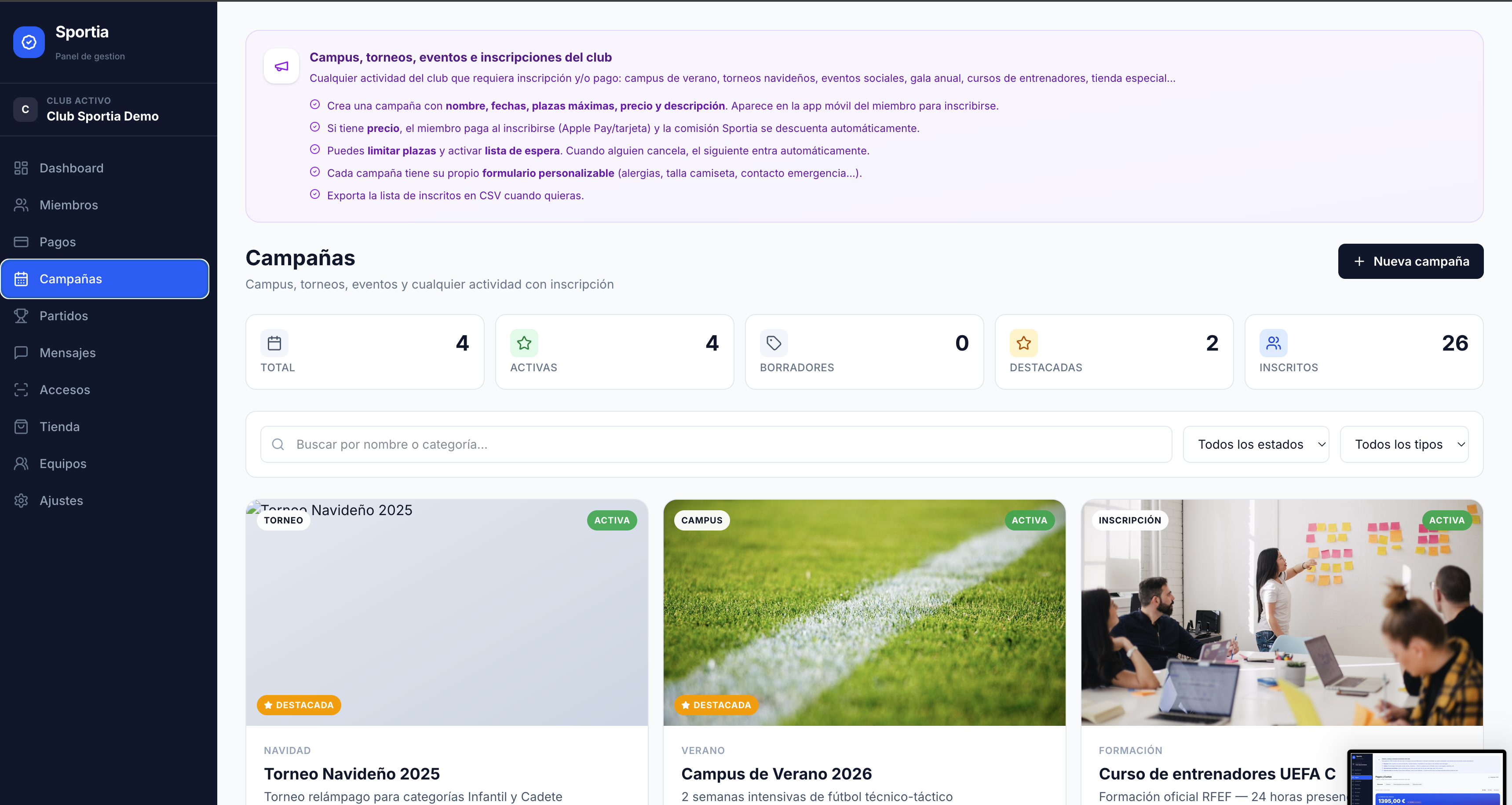 Vista Campañas del panel de Sportia